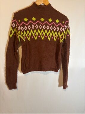 Brown fluffy pattern Sweater with Pink & Lime Accents
